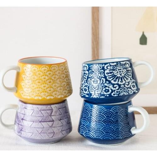 Ceramic Geometric Fan Shaped Carving 3d Texture Large Capacity Potbelly Mug/Water Cup