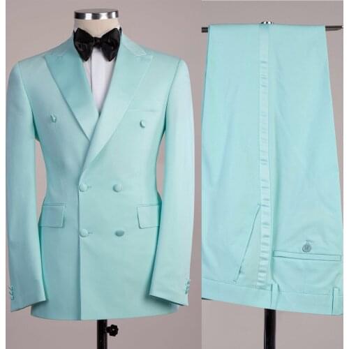 Classic Minit Green Mens Tuxedos 2 Pieces Peaked Lapel Groom Double Breasted Wedding Blazer Suits Formal Prom Party Waist Coat