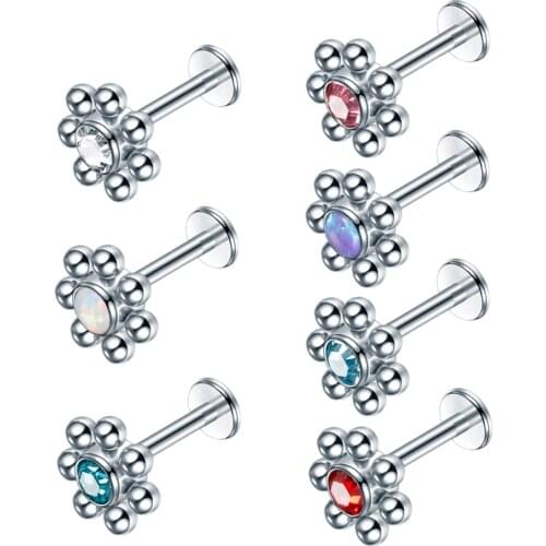 1PC Steel Opal Gem Labret Lip Bar Rings Piercings Crystal Flower Ear Cartilage Tragus Helix Piercings Screw Fit Top Jewelry 16G