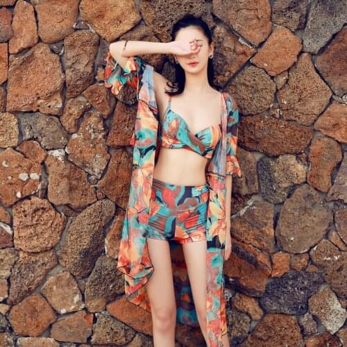 Floral Print Blouse 3 Piece Bikini Set Bathing Suit Women Backless Sexy Beach Wear High Waist Bikini Swimsuit Women Swim Suit