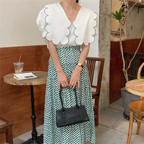 Alien Kitty Summer Two-Piece Suits New Slim Solid Chic Retro Loose Blouses 2021 Polka Dots Elegant Women High Waist Skirts Sets