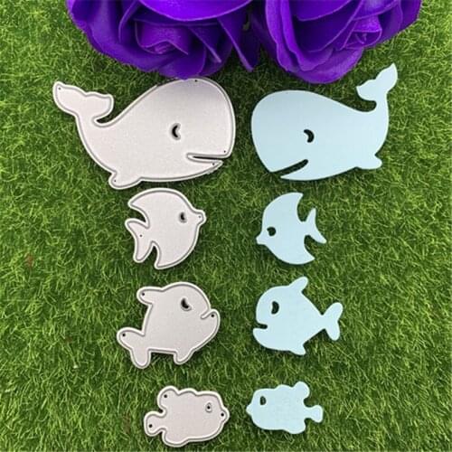 4-piece set of marine life. Big Fish Little Fish Whale Kiss Fish Hand Embossed DIY Album Scrapbook Greeting Card Decoration Meta
