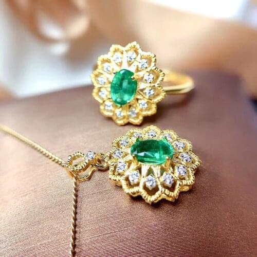 925 Sterling Silver Sets 0.52Ct Natural Emerald Jewelry Sets Rings and Pendant For Women Fine Jewelry Real Emerald Gemstones