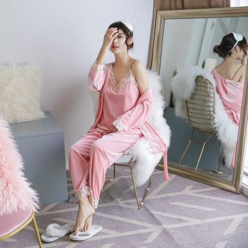 Night gown ladies new 3PCs high-quality pajamas autumn/winter lace sling lace gold velvet long-sleeve home service kimono robe
