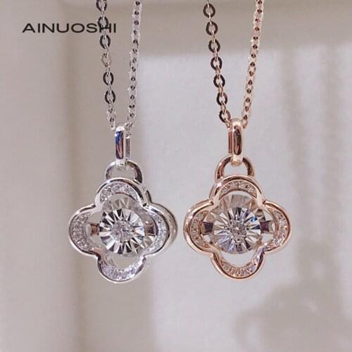 AINUOSHI 18K Gold Round Cut 0.074ct Real Diamond Dancing Flower Type Pendant Necklace Anniversary Womens Popular Jewelry 18
