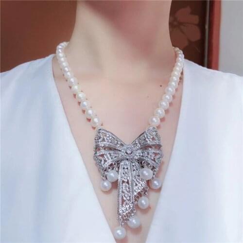 Hand knotted 9-10mm white natural freshwater pearl bowknot micro inlay zircon necklace fashion jewelry