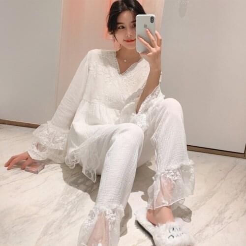 White Lace Women Pajamas Long sleeve Sleepwear Women Pajamas Spring Autumn