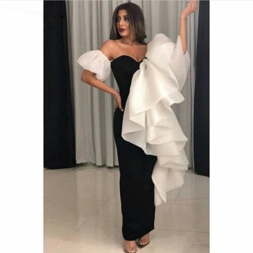 Simple Black Sheath Evening Dresses Off the Shoulder Ruffles Dubai Arabic Formal Wear Ankle Length Satin Prom Gowns