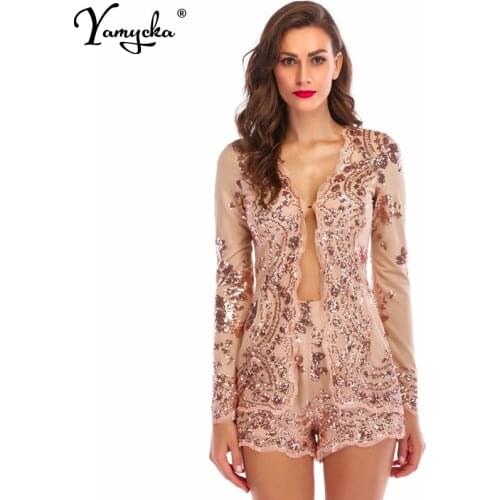 Sexy Sequins bodysuit women summer long sleeve body mujer Black Gold bodycon rompers womens jumpsuit Luxury night club overalls