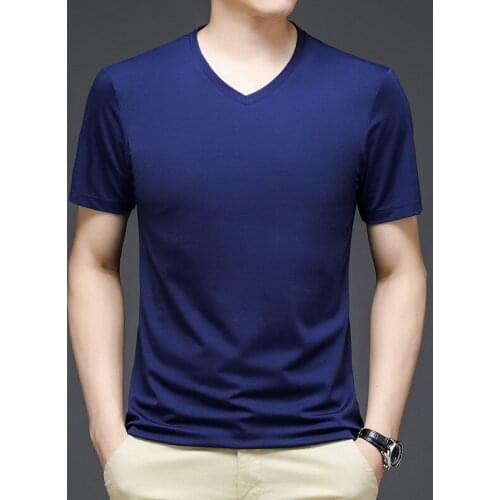 Silk cotton silk silk silk short-sleeved t-shirt mens tide.summer loose casual white round v collar half-sleeved bottom shirt