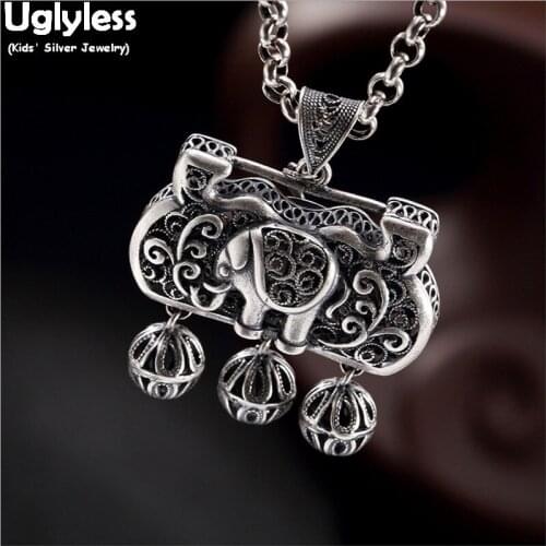 Uglyless Real 99% Full Silver Elephant Pendants for Girls Filigreed Balls Tassels Necklaces NO Chains Hollow Thai Silver Jewelry