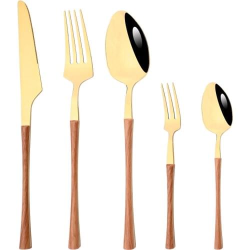 Silver Dinnerware Stainless Steel Sets Mirror Wood Texture Tableware Western Food Knife Fork Cutleries Teaspoon Silverware Set