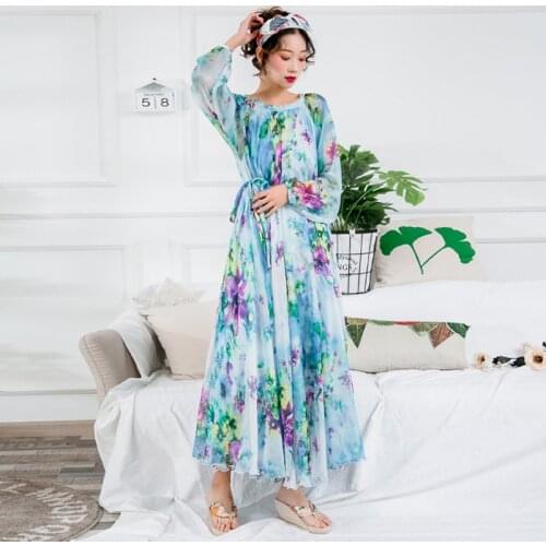 2020 New Round Neck Watery Blue Flowers Print A Shape Dress Long Sleeve Maxi Dress bangkok Dress garments Plus Sizes