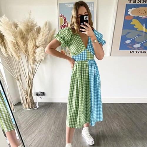 Elegant Maxi Dress Robe for Women Vintage Summer Autumn Long Boho Dress Plaid Print Vestido Feminino Dress Cotton 2021