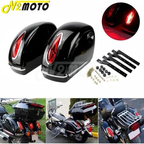 1 Pair Motorcycle Side Boxs Luggage Tank Tail Tool Bag Hard Case Saddle Bags Red Tail Light For Harley Roadster Road King Custom