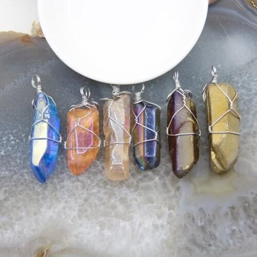 1cs Natural Crystal Stick Point Pendants Titanium Rough Quartz Necklace Charms Bulk For DIY Jewelry Making Gifts Accessories
