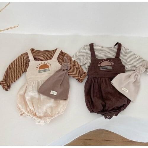 5246 Korean Toddler Baby Clothing Set Stripe T Shirt + Sun Print Suspender Pant Cotton Yarn Boys Girls 2 Piece Suit Clothes