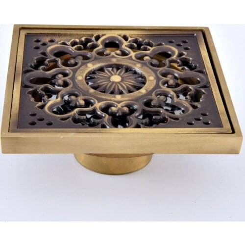 Antique Brass Vintage Carved Flower Pattern Bathroom Shower Drain 4" Square Floor Drain Waste Grates Bathroom Accessory mhr082