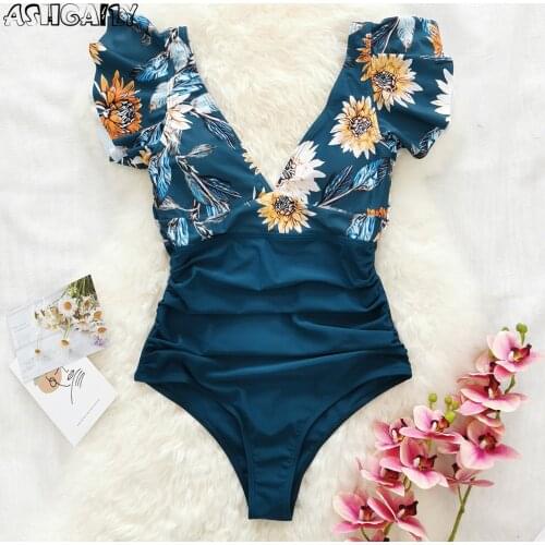 Ashgaily 2021 Deep-V Swimsuit Women Hollow out One Piece Swimwear Floral Printed Monokini Bathing Suit Bodysuit Beach Wear