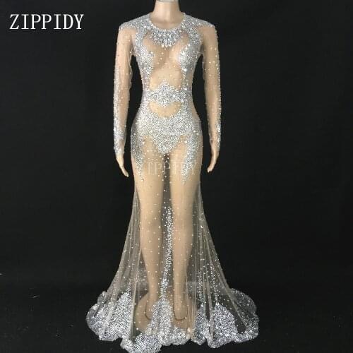 Sparkly Silver Rhinestones Transparent Long Tail Dress Womens Birthday Celebrate Dress Prom Singer Outfit Mesh Dresses