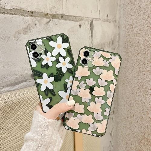Retro sweet White flowers Jelly green Transparent Phone Case For iPhone 11 12 Pro Max Xr Xs Max 7 8 Plus X 7Plus case Cute Cover