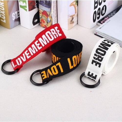 1PC Canvas Strap Harajuku Long Belts For Jeans Belt Fashion Female Love Me More Double D Ring Letter Printed Unisex
