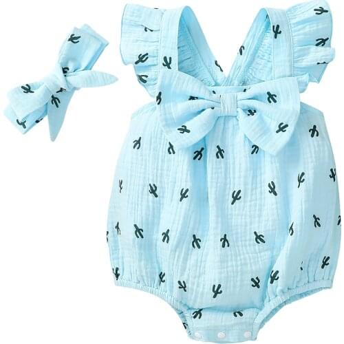 2Pcs Baby Newborn Girls Cactus Print Romper Sleeveless Square Neck Jumpsuit Ruffle Bow-knot Headband Infant Toddler Romper 0-18M