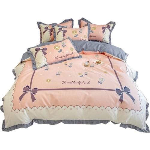New Cotton 4 Pcs Bedding Set Queen Cute Brushed Printing Duvet Cover Bed Sheet Pillowcases King Size 200x230cm