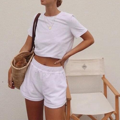 Solid Furry Shorts Tracksuit Women Short Sleeve Tshirt And Elastic Waist Bottom Ladies Suit 2021 Summer Loungewear Loose Casual