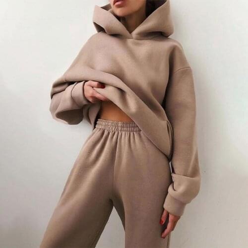 Tracksuit Women Elegant Solid Sets Female Warm Hoodie Sweatshirts And Long Pant Fashion 2 Pieces Oversized Suits
