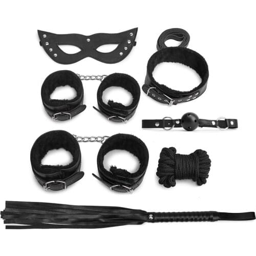 Leather Plush Sex Bdsm Bondage Set Whip Handcuff Ankle Cuff Bondage Rope Mouth Gag Collars Eye Mask Sex Toys For Adults Games