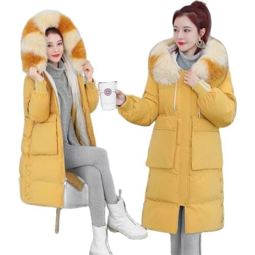 Winter Jacket Long Women Parkas Coat 2021 Female Cotton Padded Jacket With Hood Faux Fur Collar Coat Ladies Warm Basic Tops C