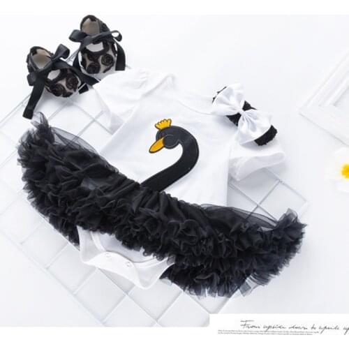 Summer Baby Girl Swan Short Sleeve Dress+Shoes+headBand Children Clothes Toddler Princess Lace tutu Dress 3pcs Clothing Cute Set