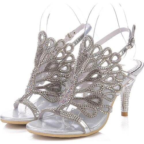 2019 New Silver Boho Style Large Size Peacock Pattern Stiletto Sandals with Rhinestone Sandals Open Toe High Heels 8CM