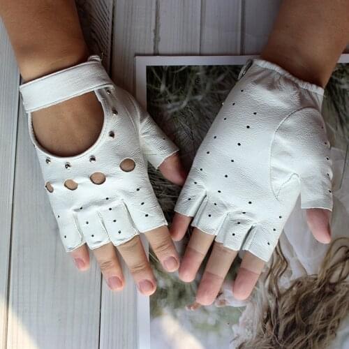 Half Finger Leather Gloves Women Spring and Summer Thin Goatskin Gloves New Hollow Short Sports Riding Driver Gloves