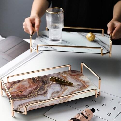 Fruit tea tray ins Nordic style Marbling Dessert plate Tempered glass Storage tray Home Rectangular storage tray Gilt