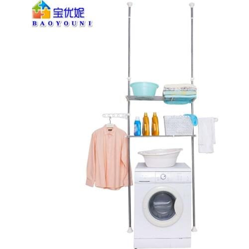 BAOYOUNI 2 Tier Washing Machine Shelf Bathroom Storage Rack Over Toilet Stainless Steel Shower Organizer Pole Shelf Space Saver