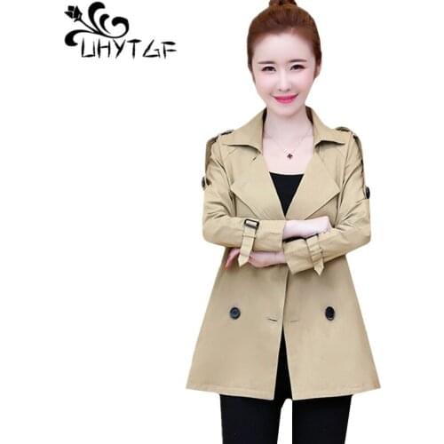 UHYTGF Women clothes 2019 autumn trench coat Double-breasted thin plus size outerwear woman fashion Short coat abrigo mujer 397