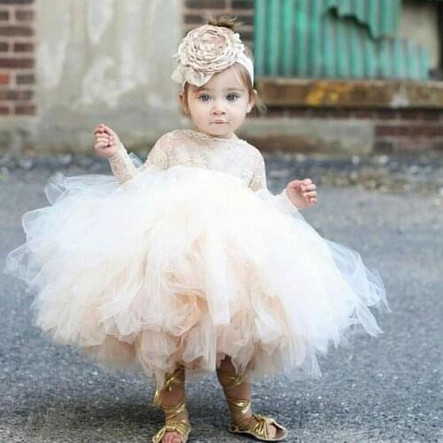 Vintage Flower Girls Dresses Ivory Baby Infant Toddler Baptism Clothes With Long Sleeves Lace Tutu Ball Gown Birthday Girl Dress