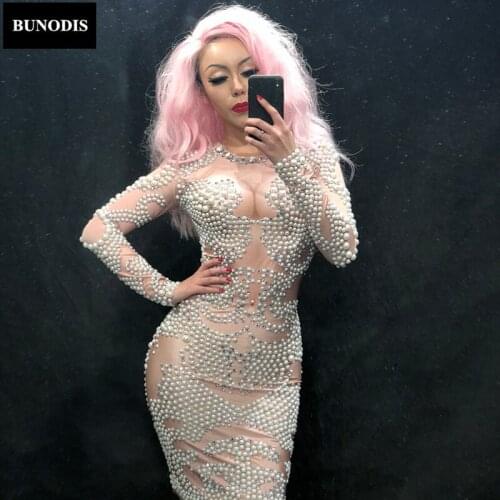 ZD163 Women Sparkling Skirt Full Of White Pearl Birthday Party Nightclub Stage Wear Celebration Singer Clothing