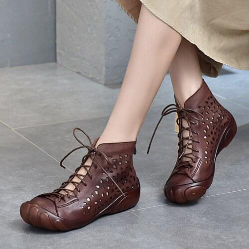 Retro Leather Womens Shoes Hollow Hole Shoes Personality Lace Martin Boots 2021 Summer Top Layer Leather Roman Sandals