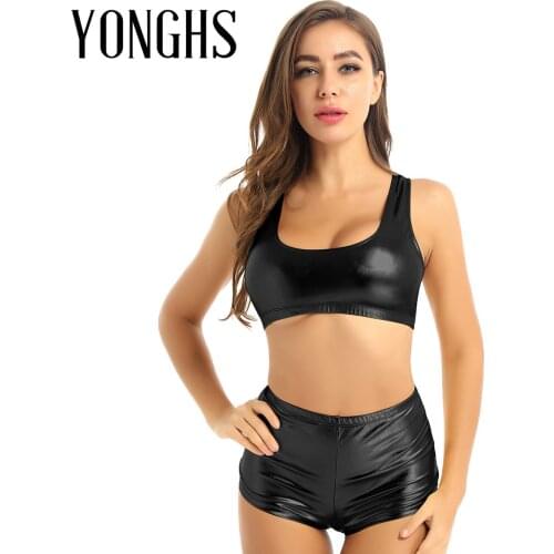 Womens Shiny Rave Pole Dance Costume Metallic Dance Fitness Sports Suit Outfit Racer Back Vest Crop Top with Hot Rave Shorts