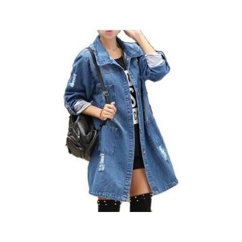 Zoulv Long-sleeved Cardigan Cowboy Medium length Coat Female Autumn Hole Denim Jackets Plus Size S-5XL Slim Jeans Outwear Tops