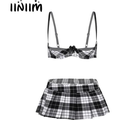 Adult Womens Apparel Lingerie Set School Girls Gleeing Costume Fancy Clubwear Spaghetti Straps Open Cup Bra Top with Mini Skirt
