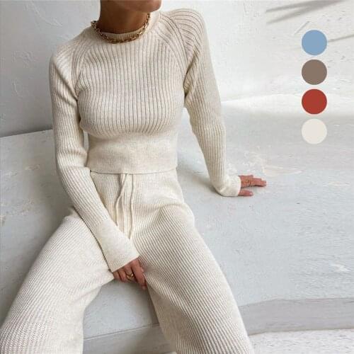 Solid Womens Suit Two Piece Pullovers Sweater Tops & Knitted Long Pants 2020 Ladies Elegant Slim O-neck Knitting Suit Home Sets