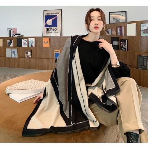 2021 Luxury Brand Striped Scarf Hijab Women Winter Cashmere Thick Shawl Warm Bandana Scarves Female Pashmina Blanket Stole