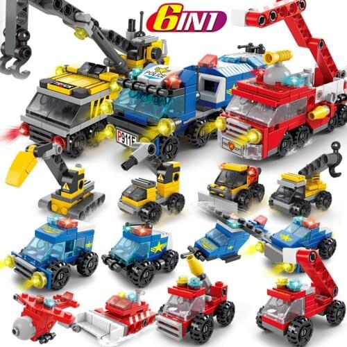 6 IN 1 City Police Engineering Car Building Blocks Street View Mini Action Figures Tank Helicopter Bricks for Kids DIY Toys