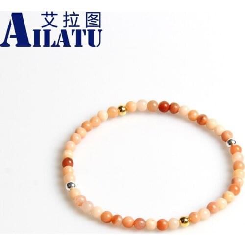 Ailatu Natural Pink Color Stone Buddha Bracelet 4mm Round Beads Elasticity Rope Men Bangle Yoga Jewelry