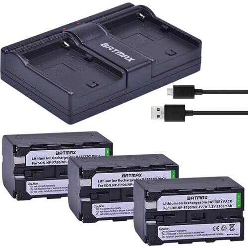 Batmax 3Pcs 7.2V 5200mAh NP-F770 NP-F750 NP F770 NP F750 NPF770 750 Batteries + Dual USB Charger for Sony CCD-RV100 DCR-TRU47E