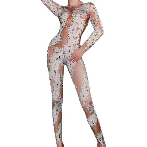 White Leaf Pattern Printing Jumpsuits Rhinestones Tights Jumpsuit Long Sleeve Backless Lady Nightclub Performance Dance Costume